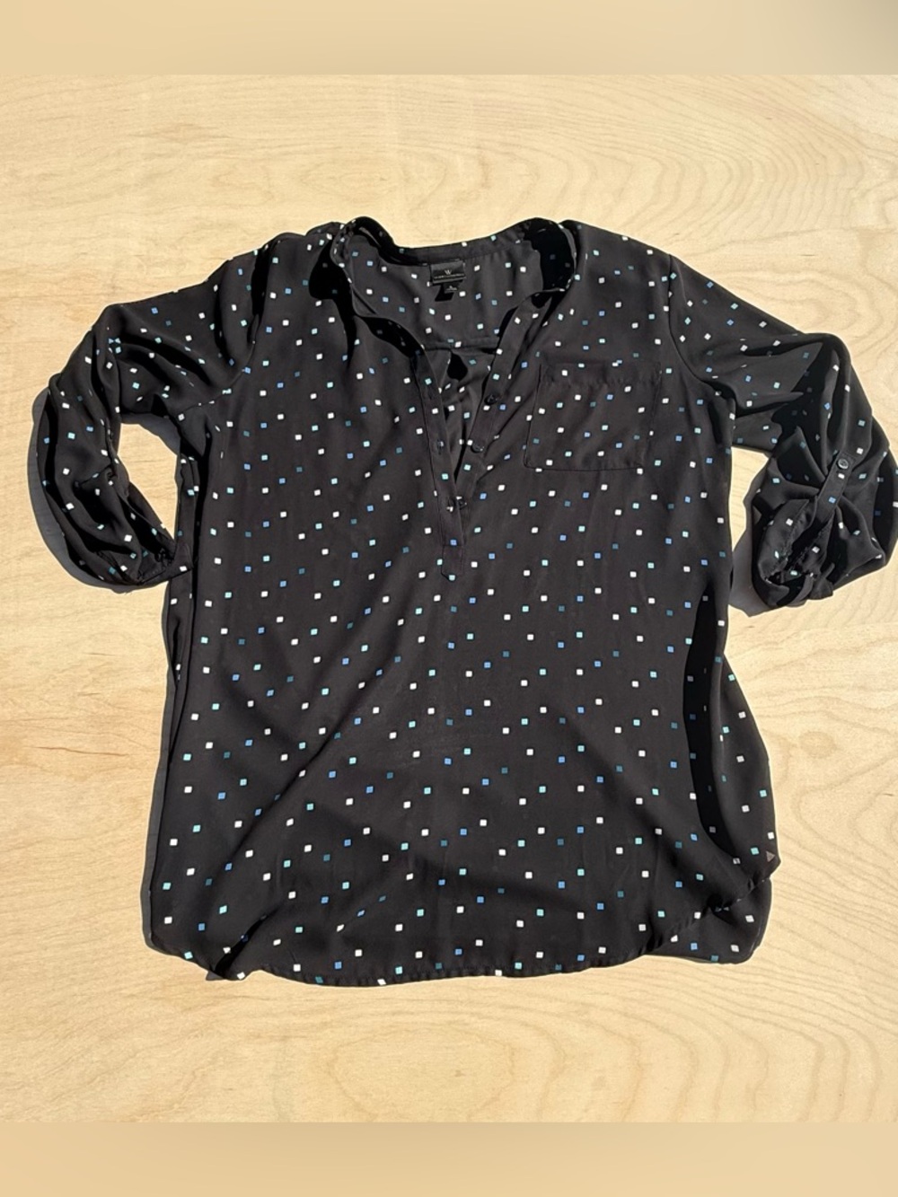 Worthington Women's Sheer Black top Blouse Geometric Square Dots Blue White L
